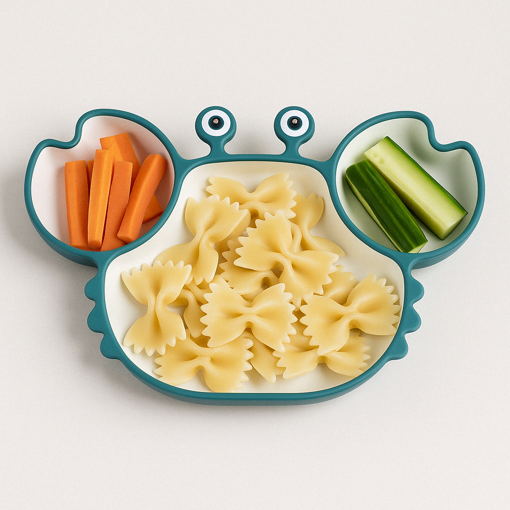 Présentation d’une assiette en forme de crabe dans lequel elle contient de la nourriture à l’intérieur, elle est de couleur bleue avec un fond blanc