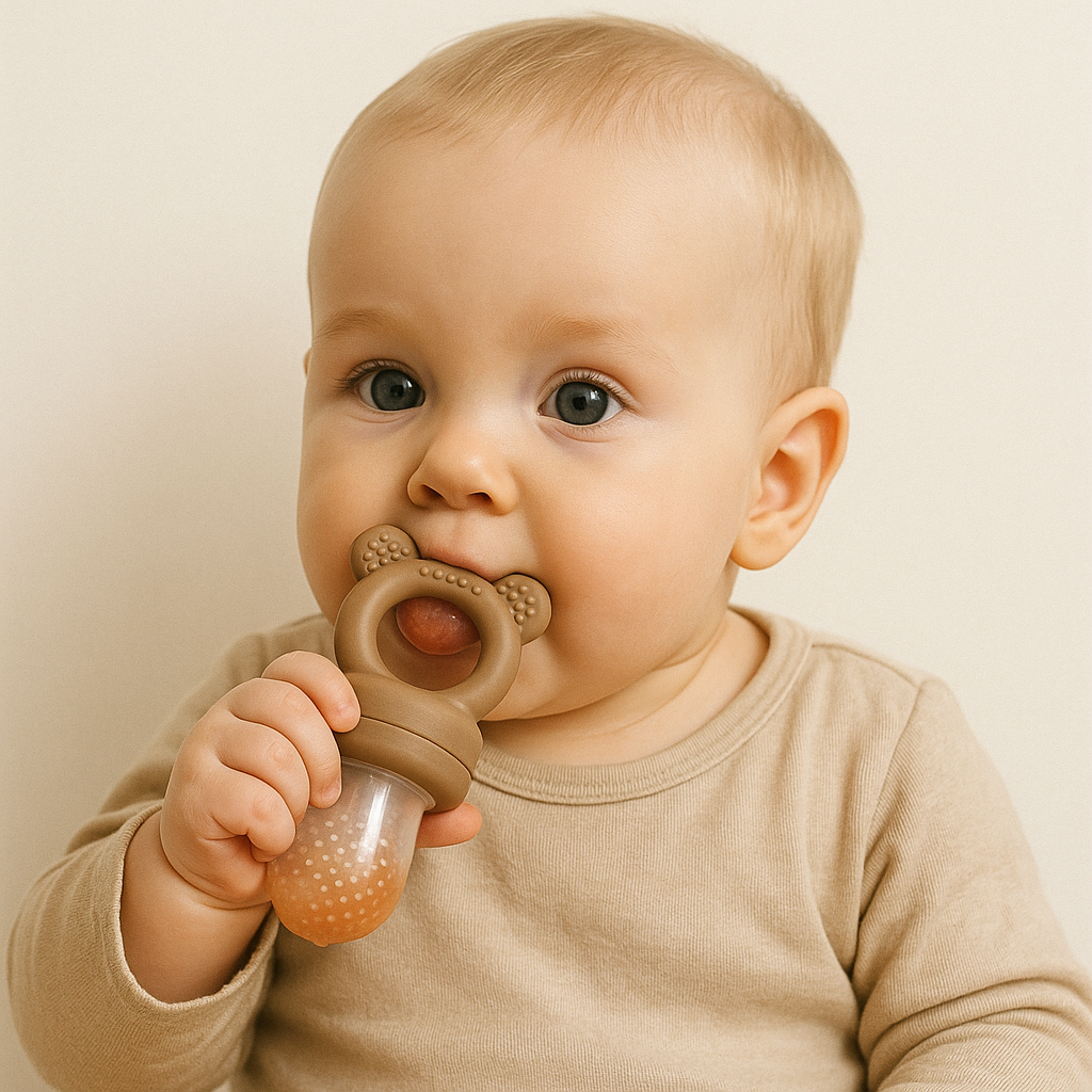 Présentation d’une image sur lequel on voit un bébé qui mâchouille une tétine alimentaire en forme d’ours et de couleur marron sur un fond beige.