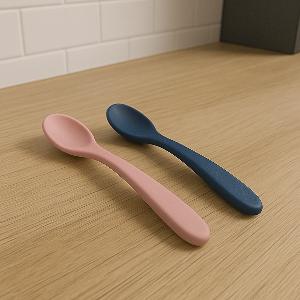 Présentation d’un jeux de deux cuillères en silicone pour enfants, de couleur rose et de couleur bleue, posé sur une table.