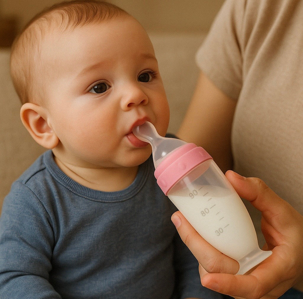 Présentation d’un enfant assis sur les genoux de sa maman qui boit du lait avec un biberon cuillère en silicone de couleur rose