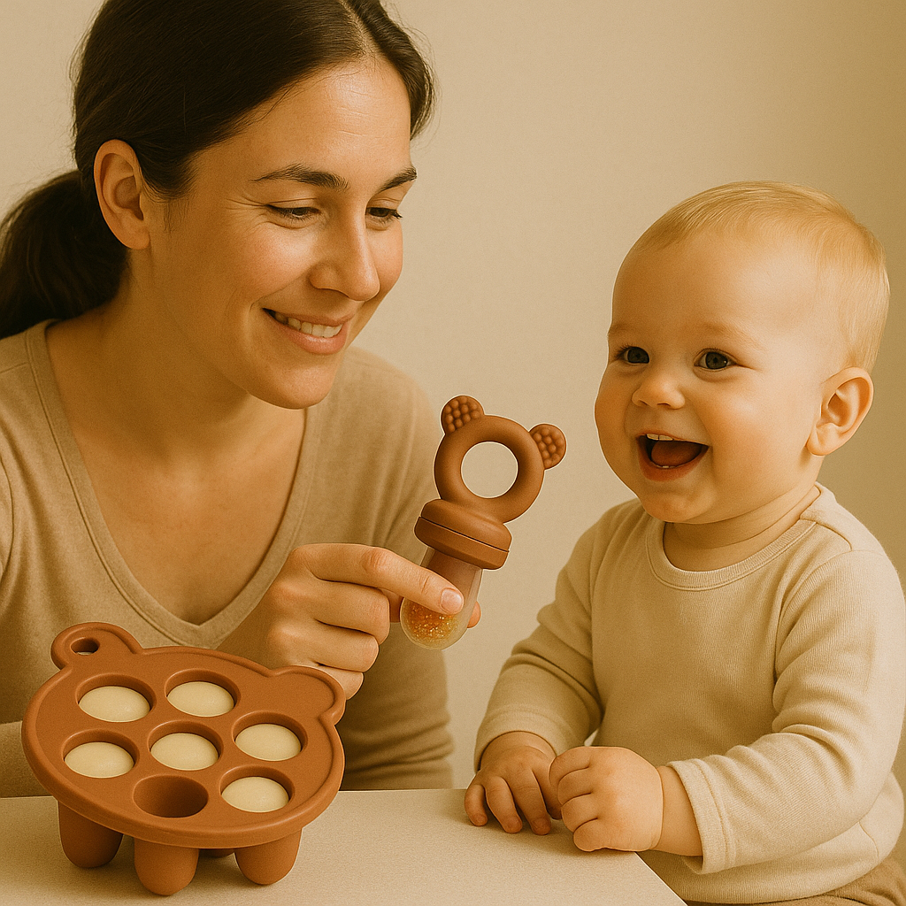 Présentation d’une maman et son enfant lui donnant une tétine grignoteuses en forme d’ours et de couleur marron On voit aussi également un moule à glaçons rempli pour montrer que c’est possible de faire un glaçon et de le mettre dans la tétine.