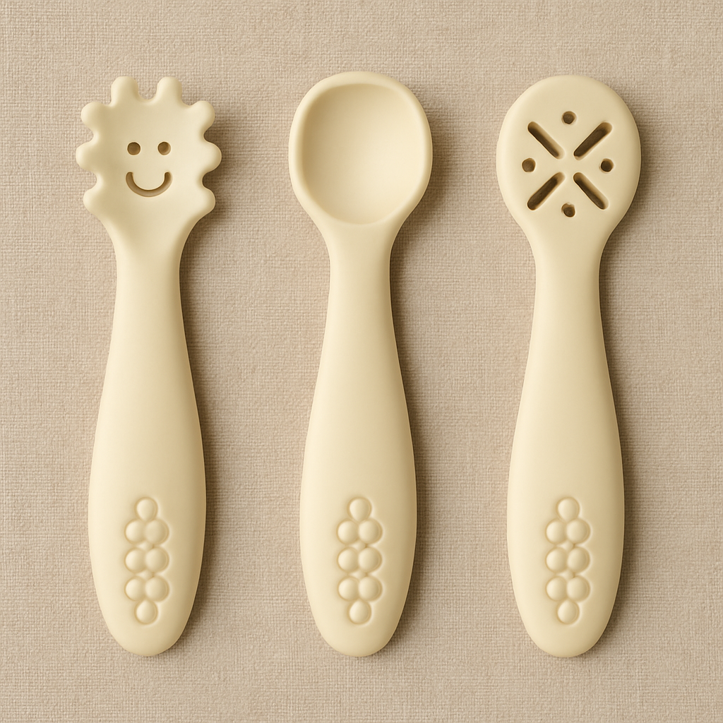 Présentation d’un lot de cuillère pour enfants pour apprendre à manger tout seul de couleur beige