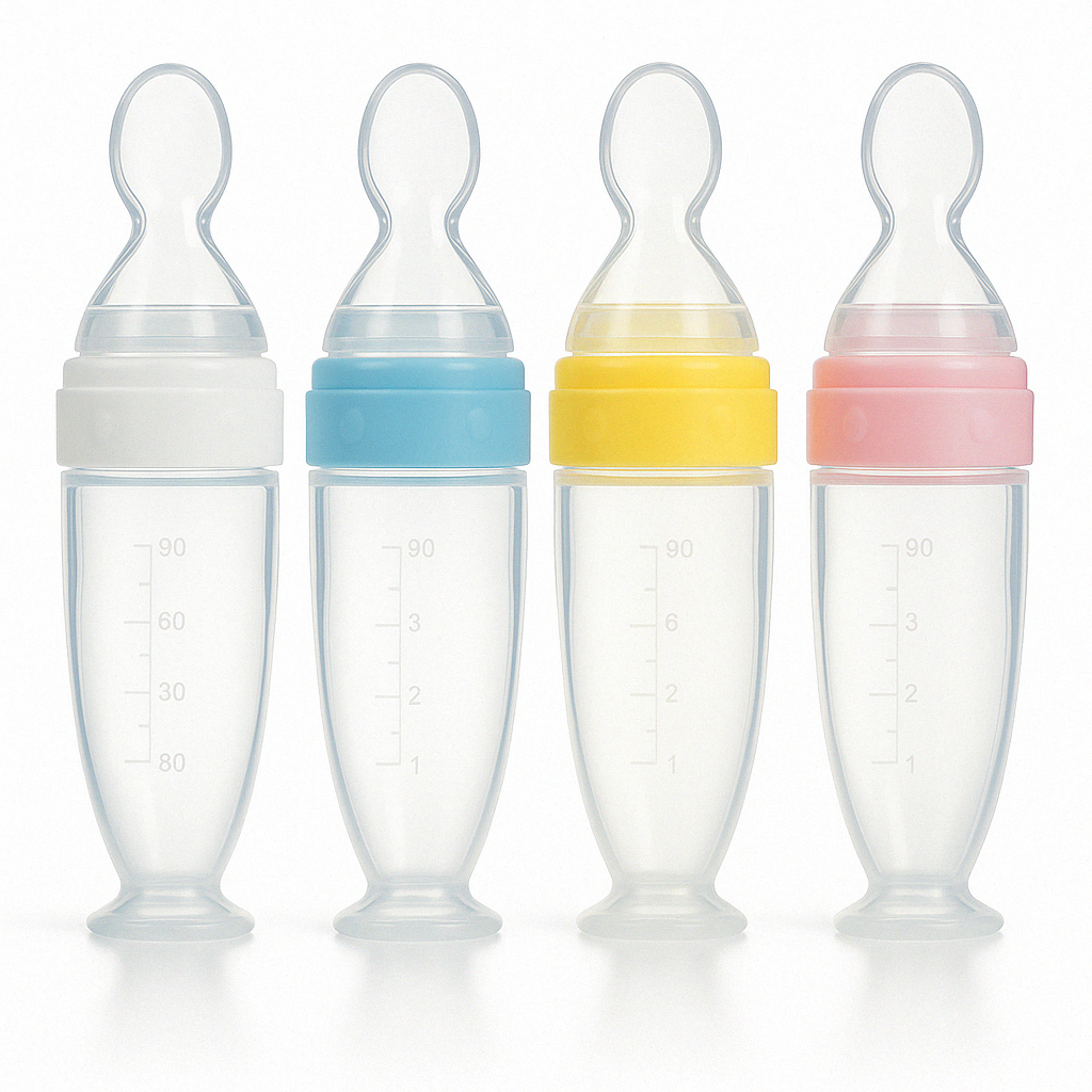 Présentation de quatre cuillères doseuses pour bébé en silicone de différentes couleurs (blanc, bleu, jaune, rose)