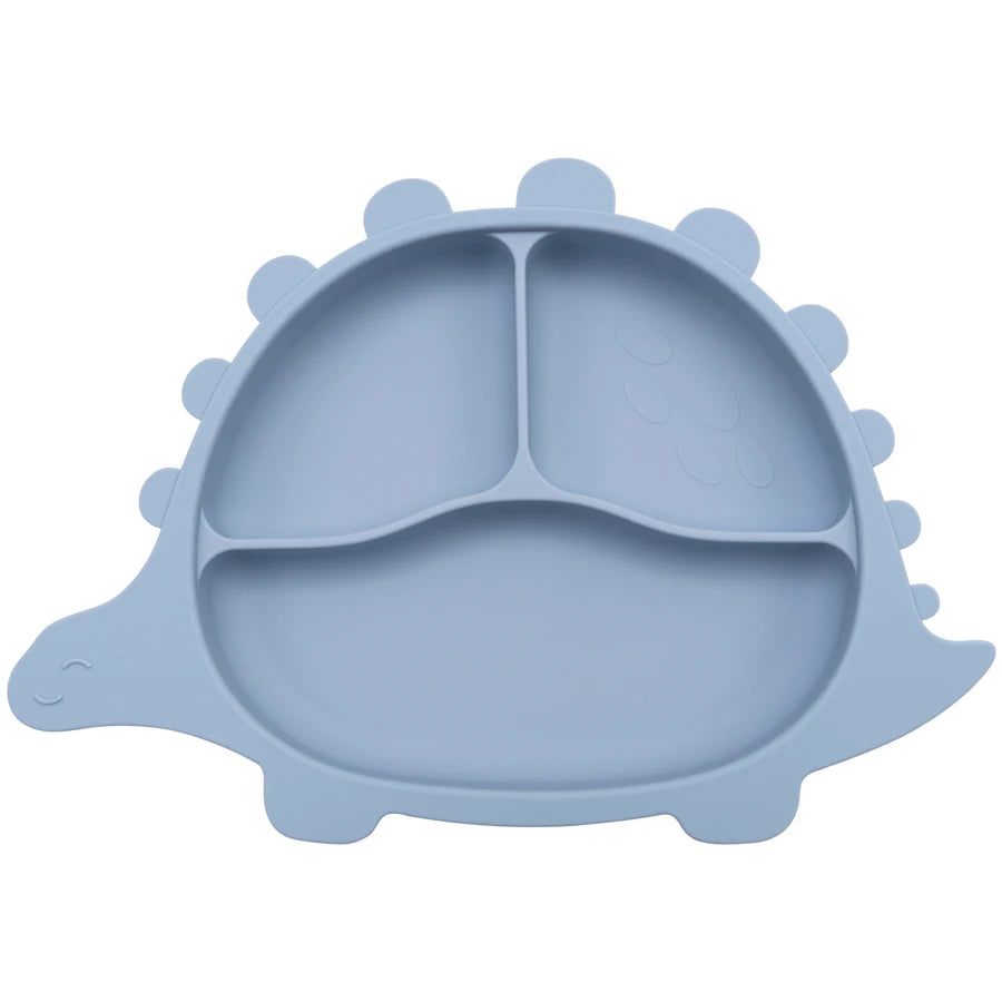 Présentation d'une assiette pour bébé bleu en forme de dinosaure, avec des compartiments.