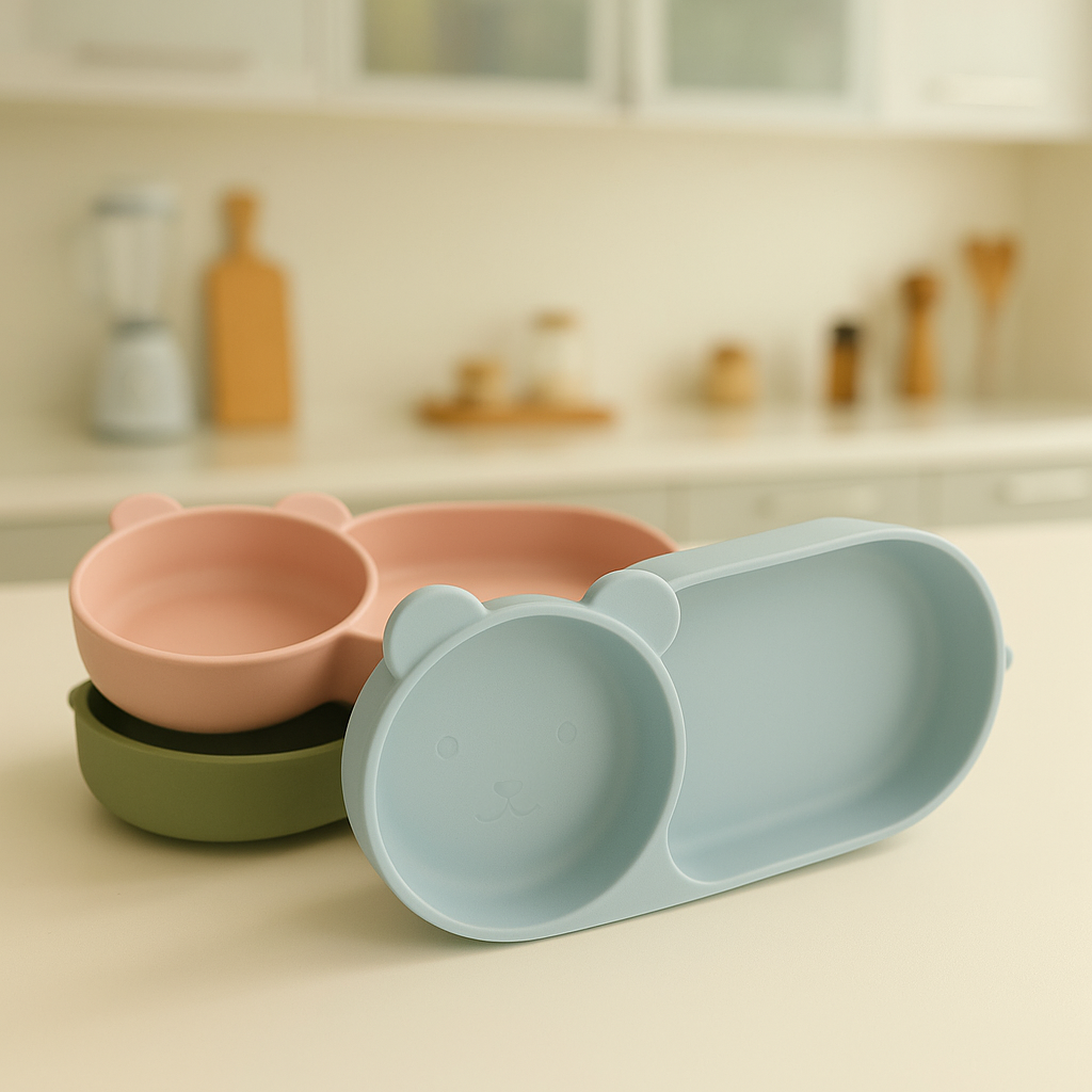Présentation des différentes assiettes En forme d’ours qui ont deux compartiments de couleur différente.