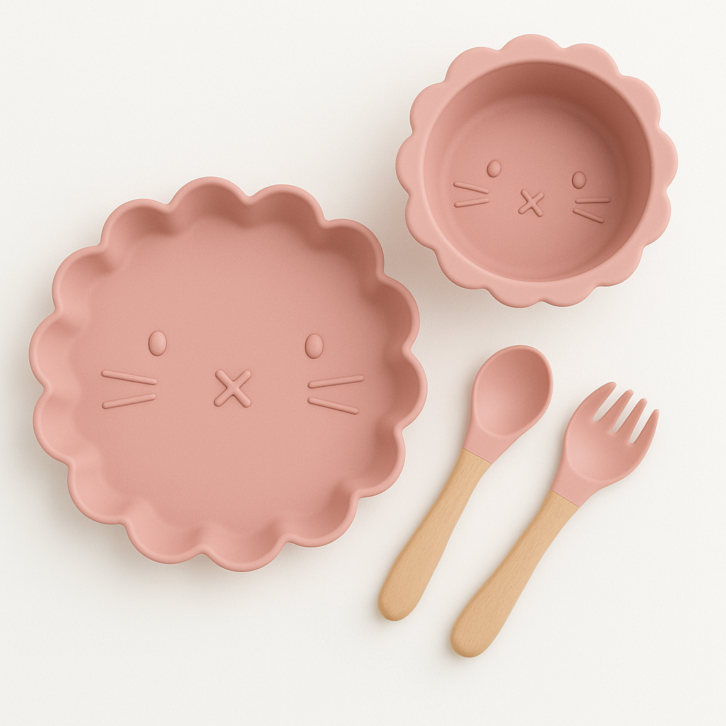 Présentation d’une assiette et D’un bol de couleur rose, collection p’tit lion avec ses couverts, assorti en bois et roses silicone sur un fond beige.