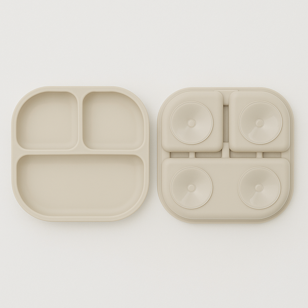 Présentation d’une assiette forme carrée recto verso qui a 3 compartiments de couleurs beige.