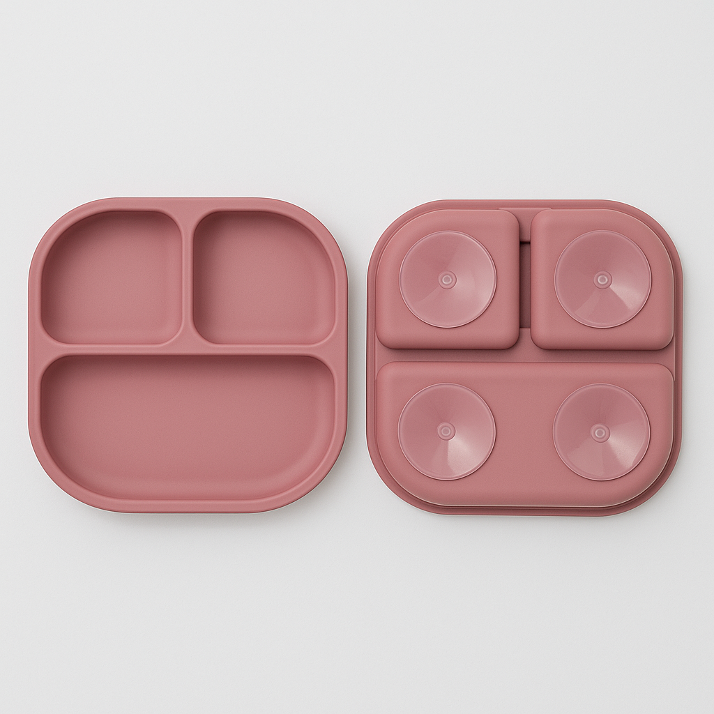 Présentation d’une assiette forme carrée recto verso qui a 3 compartiments de couleurs rose.