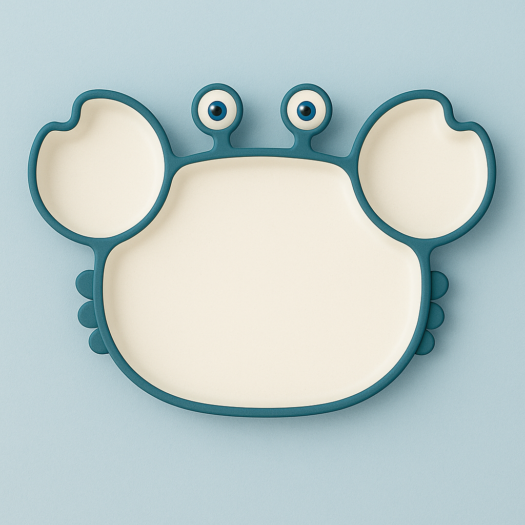 Présentation d’une image sur lequel on y vois une assiette pour enfant en silicone en forme de crabe de couleur bleu qui a un fond blanc. 