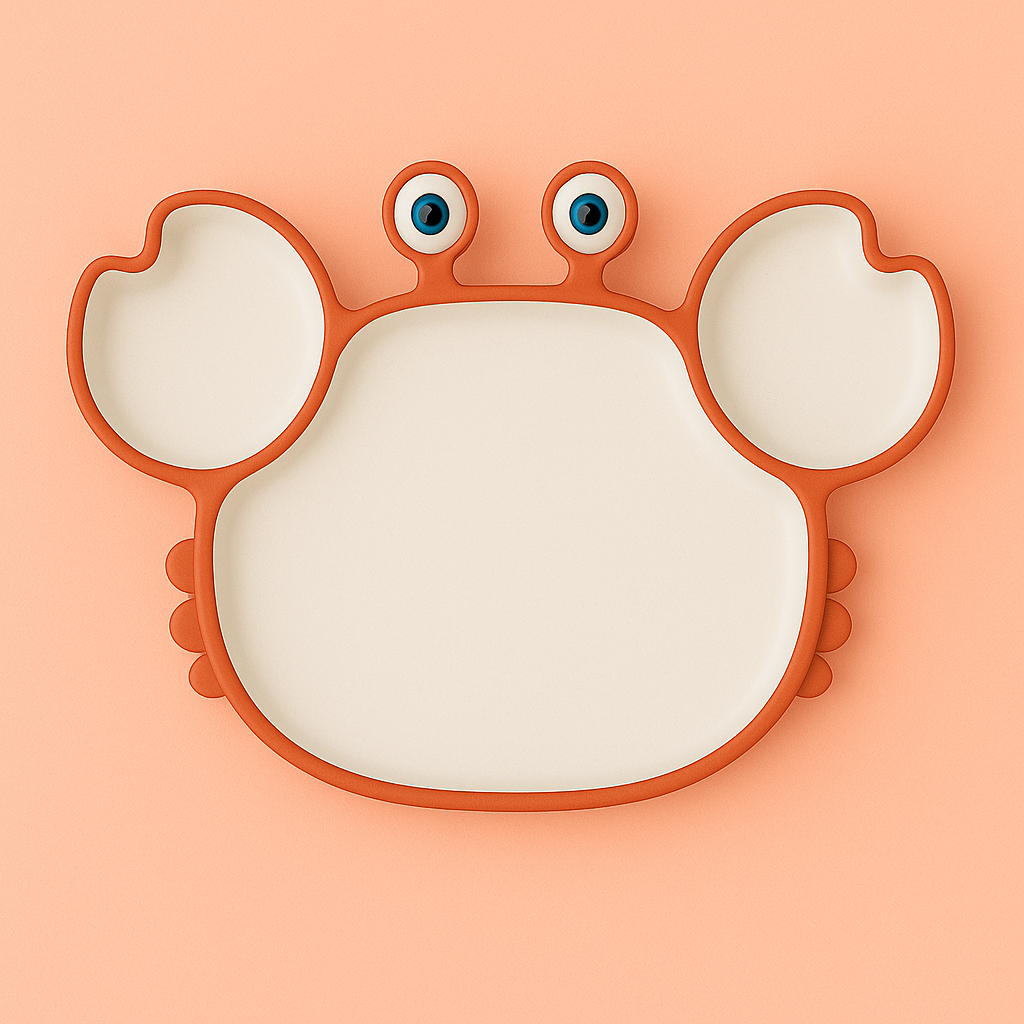 Présentation d’une image sur lequel on y vois une assiette pour enfant en silicone en forme de crabe de couleur rouge qui a un fond blanc. 