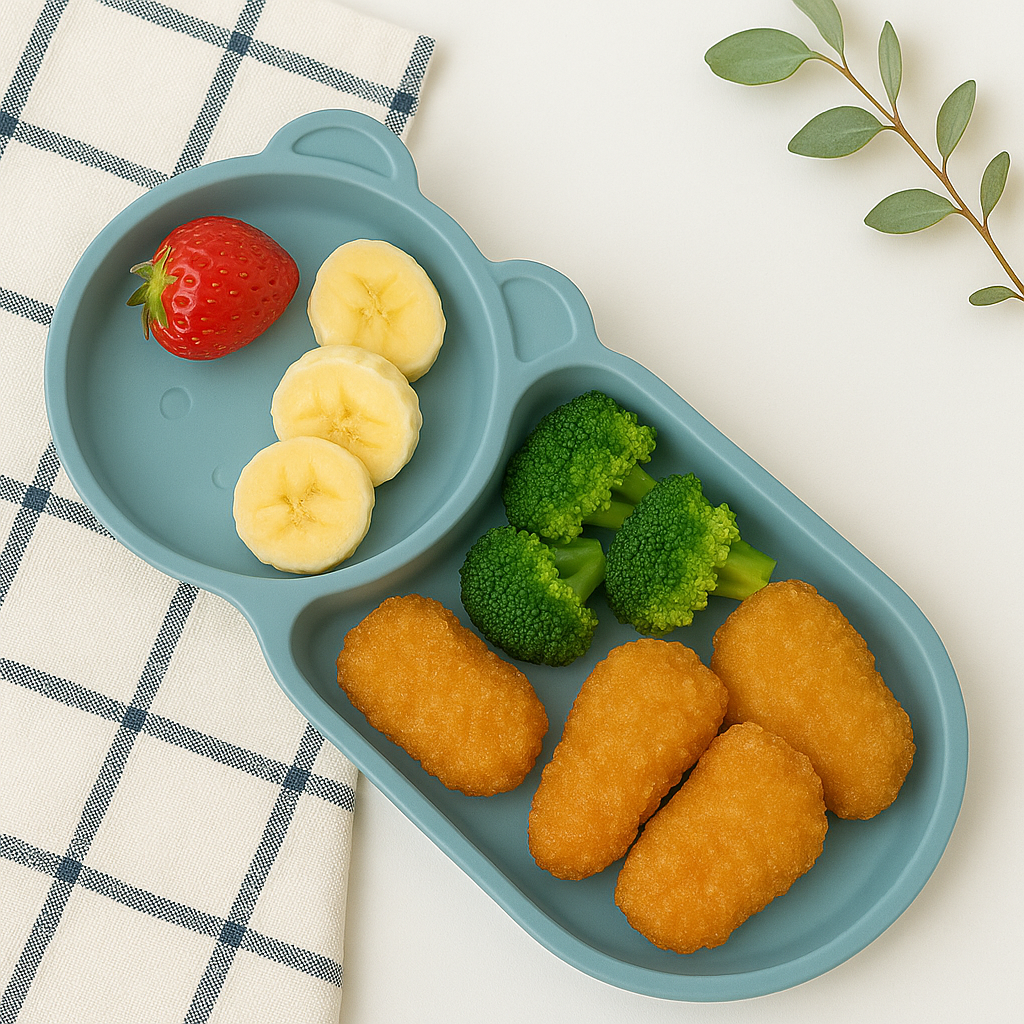 Présentation de l’assiette pour enfants en silicone de couleur bleue qui a deux compartiments. La partie est plus grande et l’autre partie qui fait bol en forme d’ours et couleurs bleue dans lequel elle contient des aliments donc dans une partie où il y a des fruits dans notre partie, le plat qui sont des brocolis et des poissons panés sur un fond blanc, avec un torchon à car noir une petite plante sur le côté.