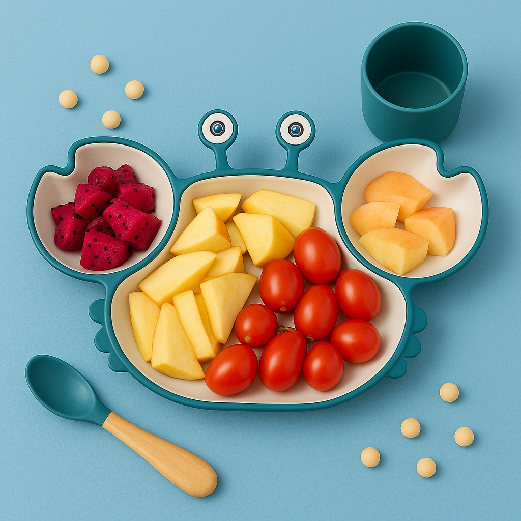 Présentation d’une image produit d’une assiette en forme de crabe en silicone de couleur bleu avec de la nourriture le tout sur un fond bleu 