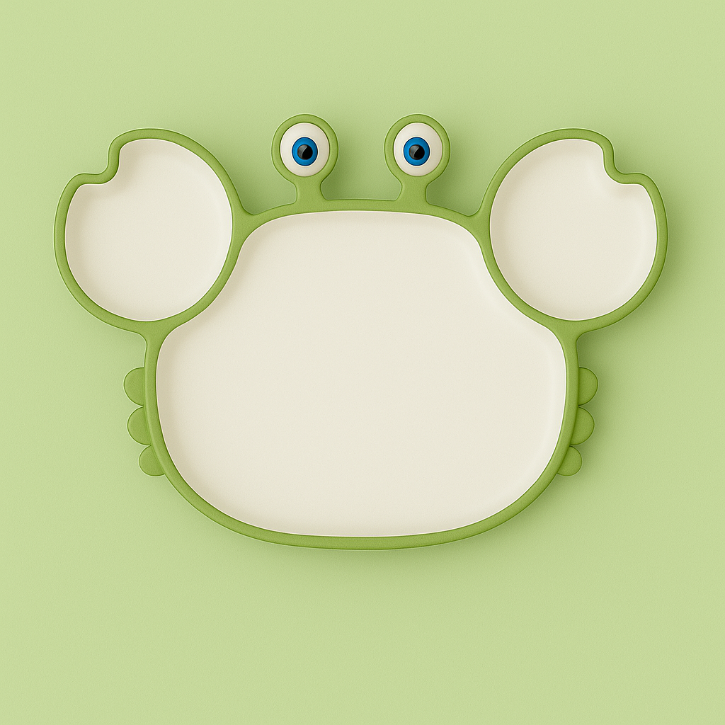 Présentation d’une image sur lequel on y vois une assiette pour enfant en forme de crabe de couleur verte qui a un fond blanc. 