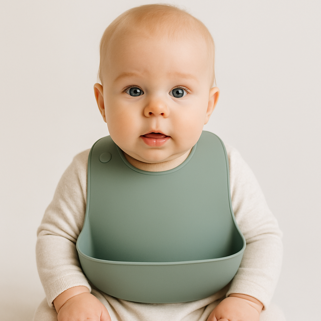 Présentation d’un bébé qui porte un bavoir en silicone de couleur vert kaki.