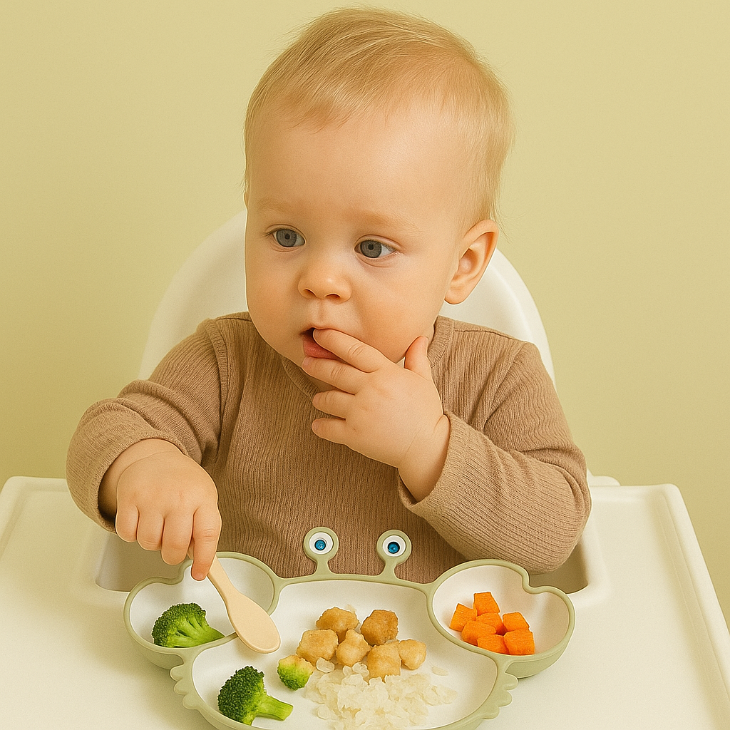 Présentation d’un bébé qui est assis sur une chaise haute et qui mange avec une assiette en silicone en forme de crabe de couleur verte 
