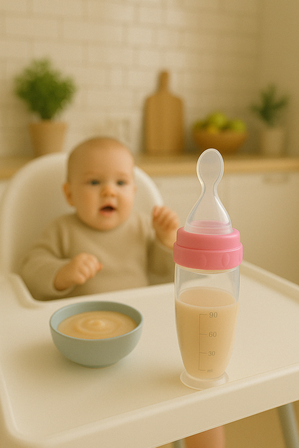 Présentation d’un bébé assis sur sa chaise haute sur lequel il y’a un biberon cuillère de couleur rose remplis de lait  