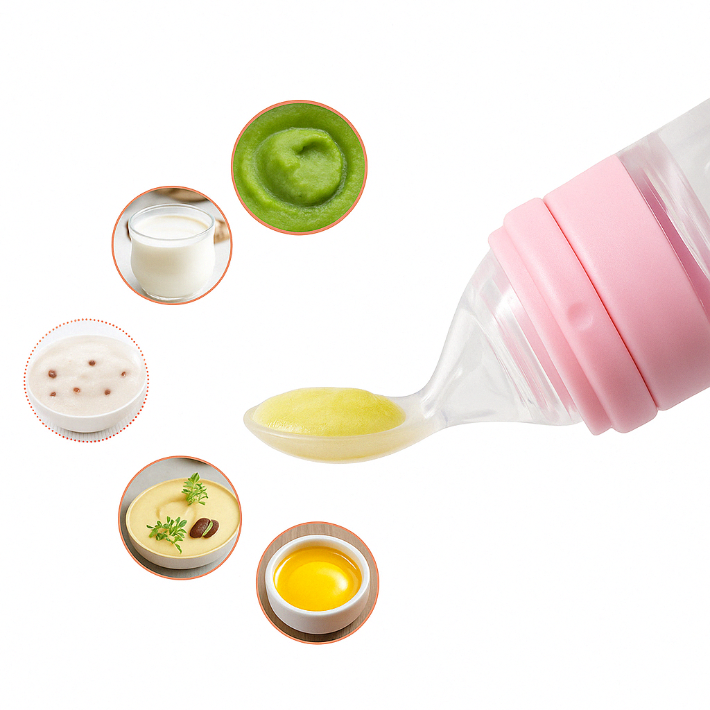 Biberon cuillère pour bébé en silicone rose avec une cuillère intégrée, entourée d'exemples d'aliments adaptés à la diversification (purée verte, yaourt, céréales, soupe, jaune d'œuf).