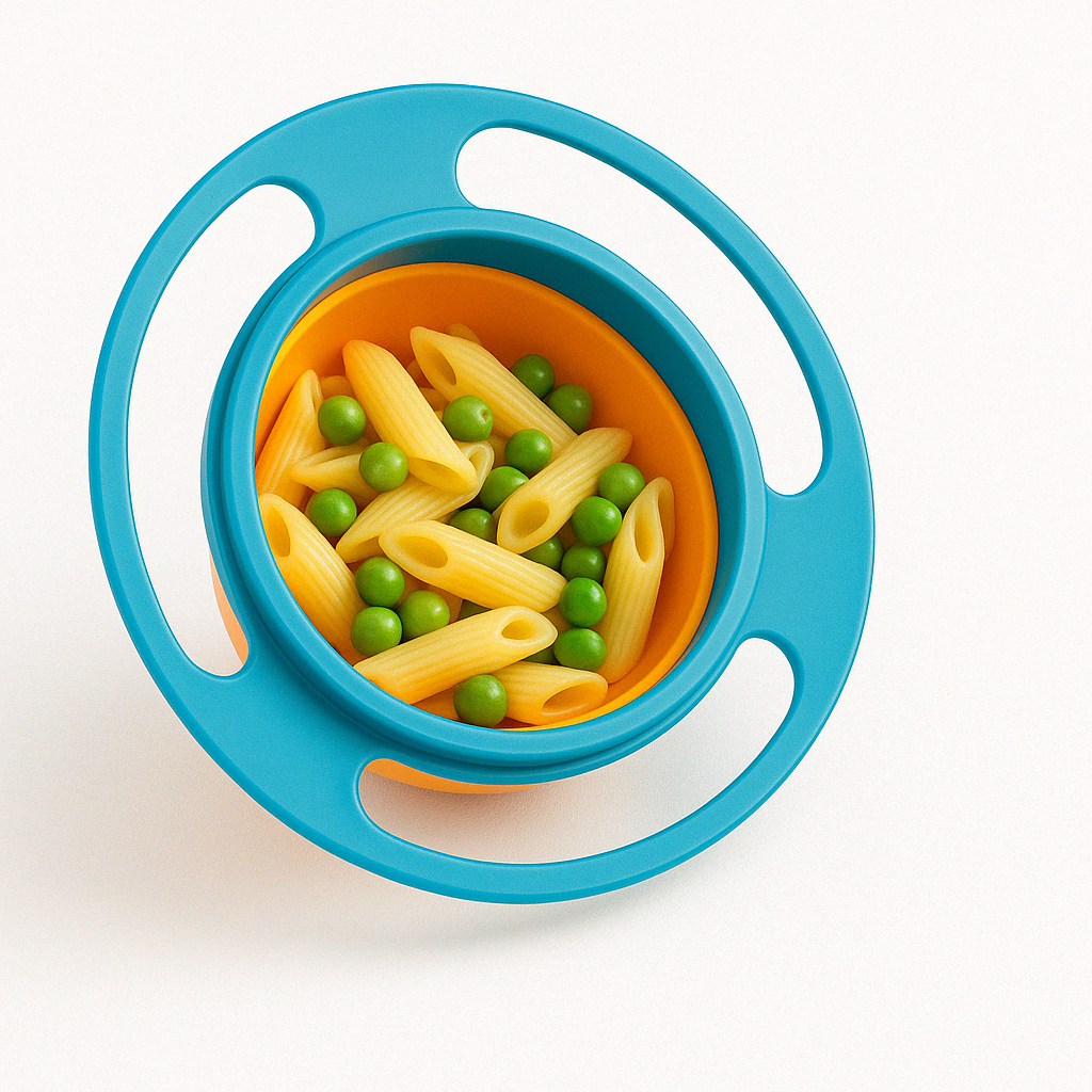 Présentation du bol anti déversement à 360° qui contient à l’intérieur des pâtes, penne avec des petits pois le bol et de couleur bleue, clair et orange.