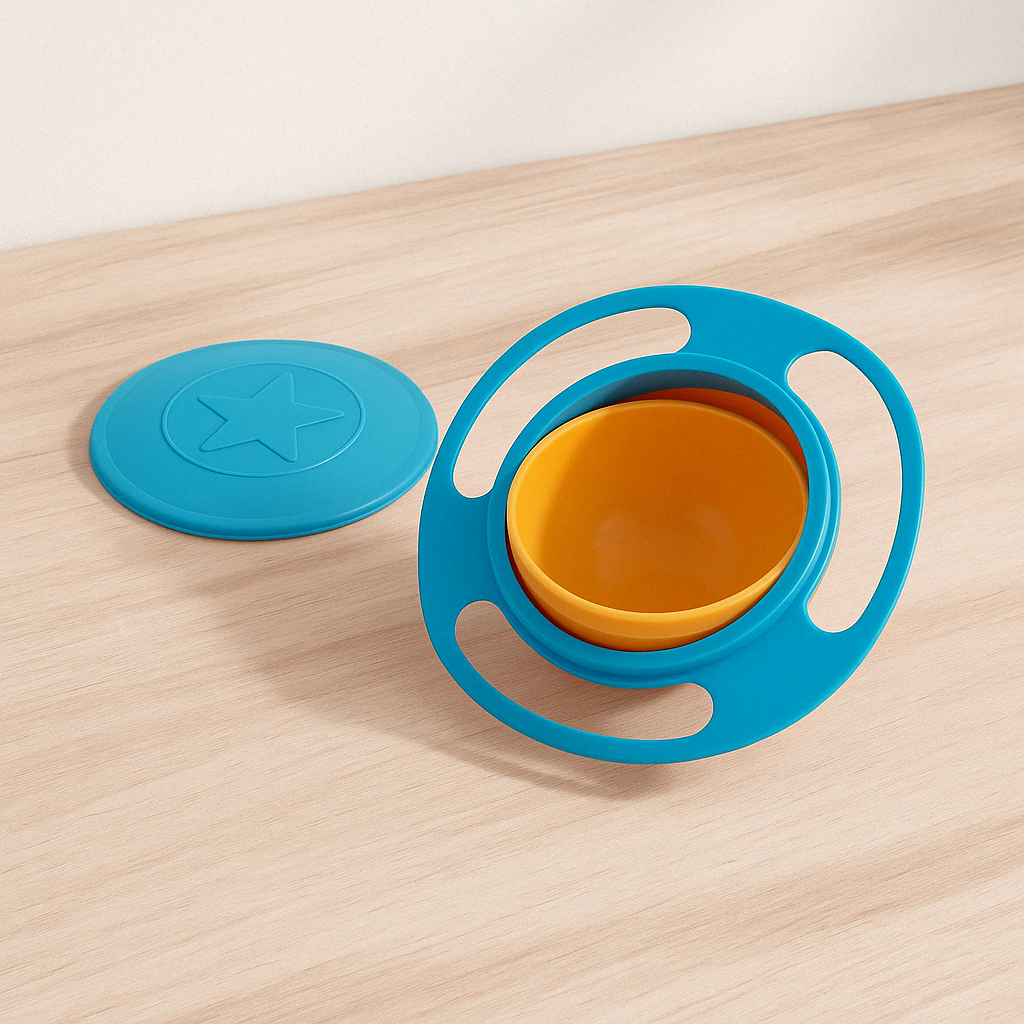Bol anti-déversement rotatif à 360 bleu clair et orange sur une table en bois.
