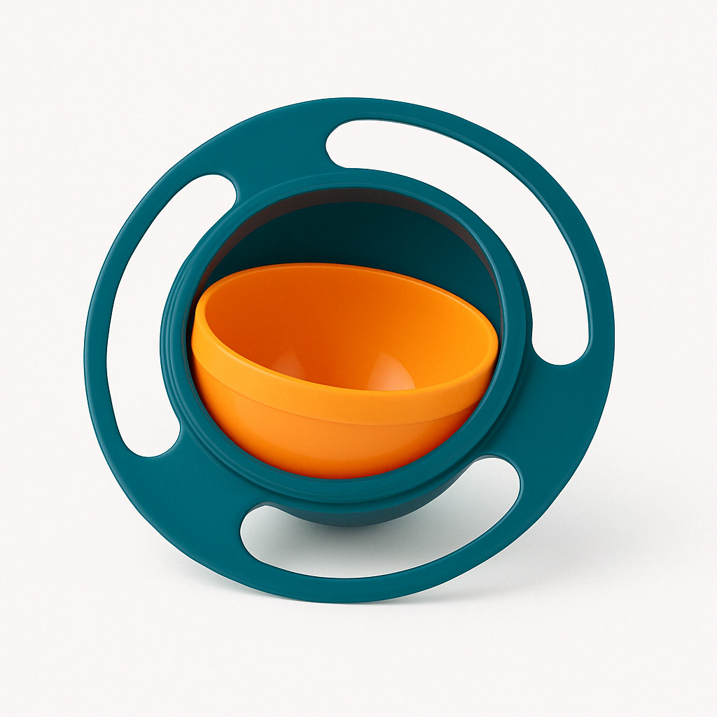 Bol anti-déversement rotatif à 360° bleu foncer et orange sur un fond blanc 