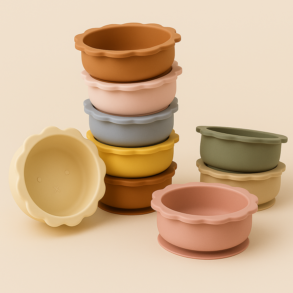 Présentation de plusieurs bols pour enfants en forme de petits lions, qui est de matière en silicone de couleur différente sur un fond beige