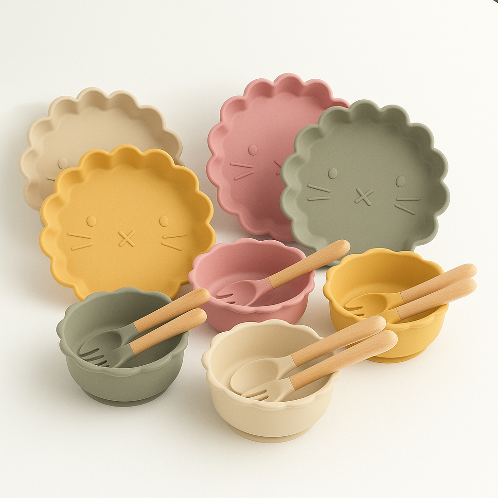 Présentation de la collection repas p’tit lion quatre. Assiettes, quatre bols et leurs couverts assortis de couleurs différentes, donc il y a beige, jaune rose et vert kaki