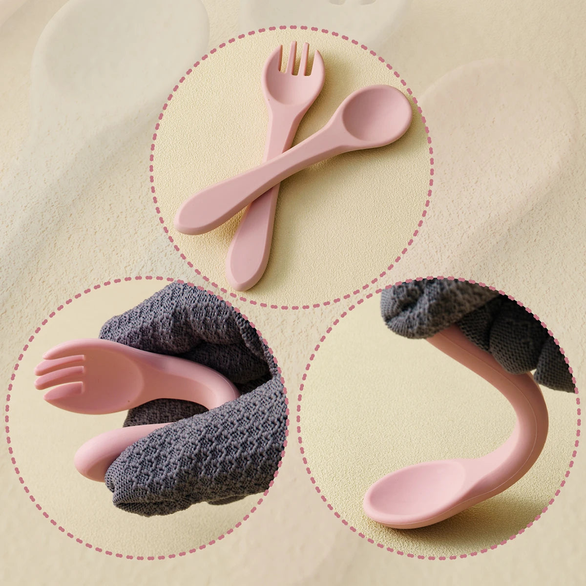 Présentation de couverts pour bébé en silicone rose, démontrant leur flexibilité à travers trois cercles.