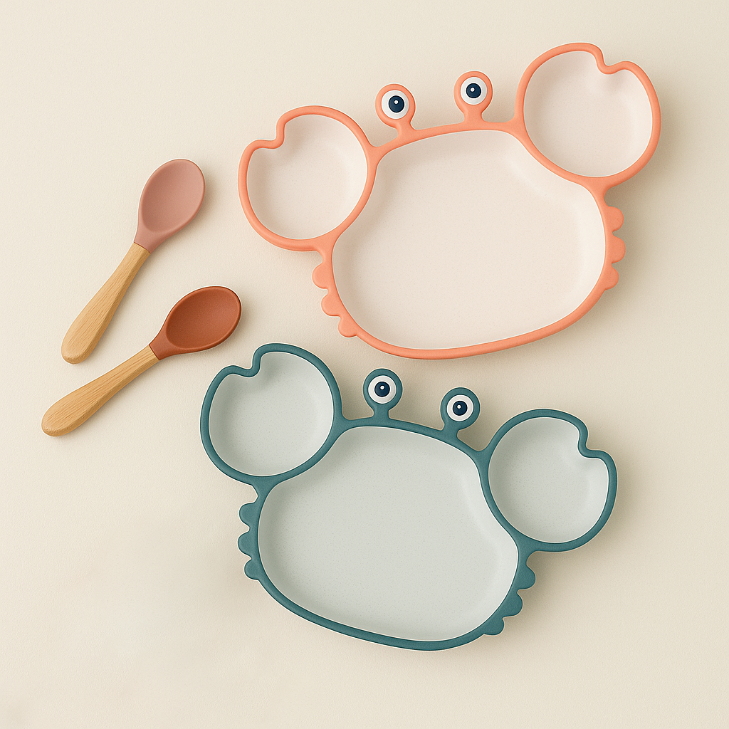 Présentation d’un duo d’assiette en silicone en forme de crabe de couleur différente une rose et une bleu 