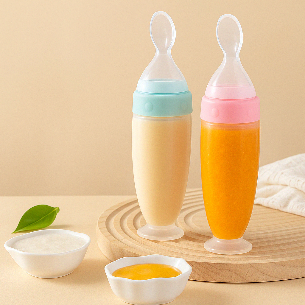 Deux biberon cuillère poser sur une planche en bois our une belle présentation. Le biberon cuillère en bleu est rempli de lait, Et le biberon cuillère rose est rempli de purée de carottes. Sur un fond neutre, beige.