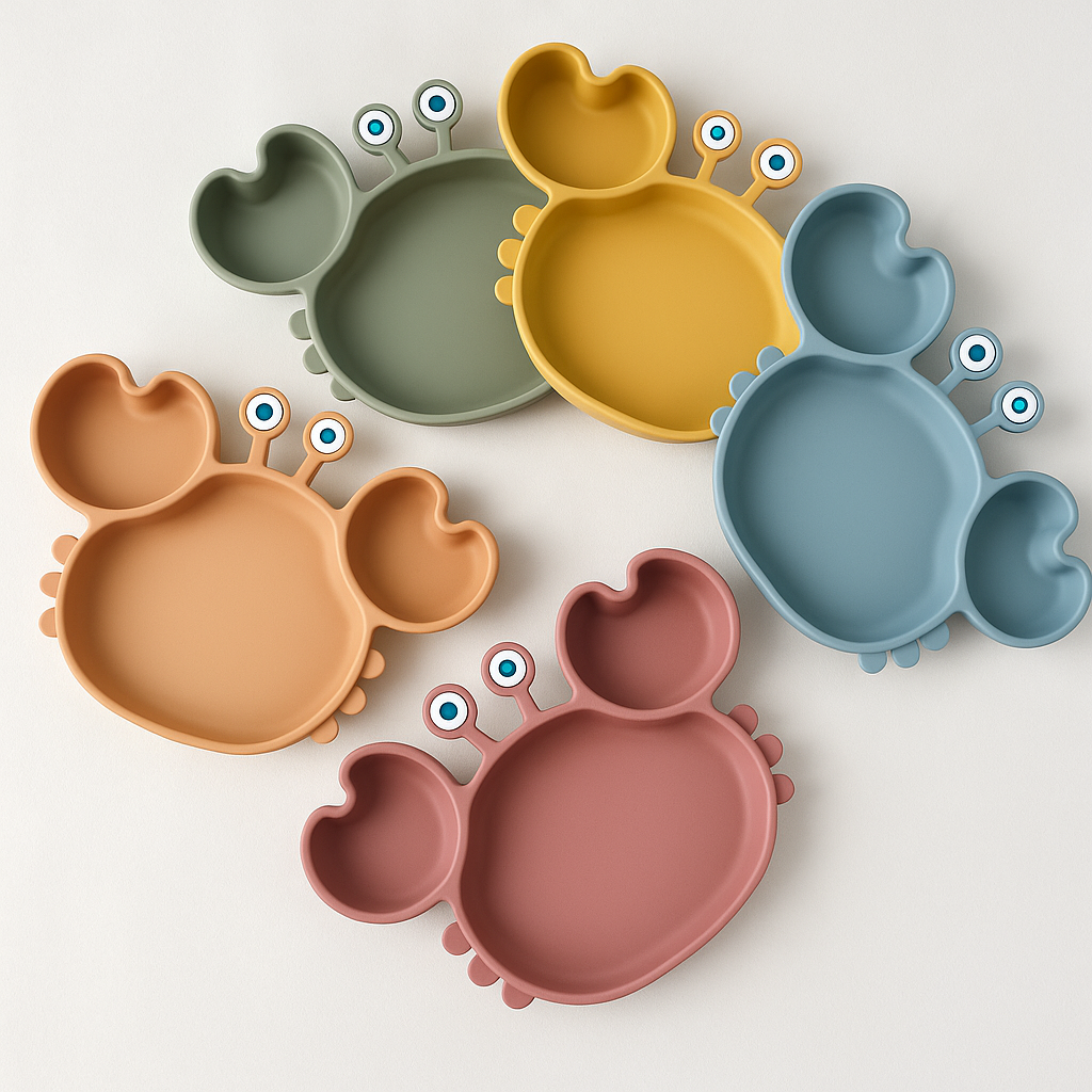 Présentation de plusieurs assiettes pour enfant en silicone en forme de crabe de couleur différentes.