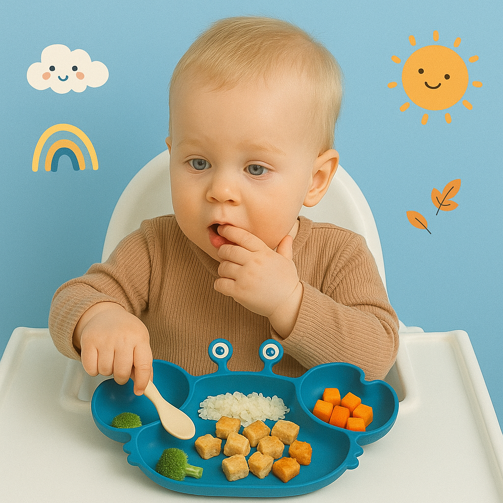 Présentation d’un enfant qui mange avec une assiette en forme de crabe de couleur bleu dans lequel il y’a de la nourriture. L’enfant est assis sur une chausse haute et le tout sur un fond bleu.