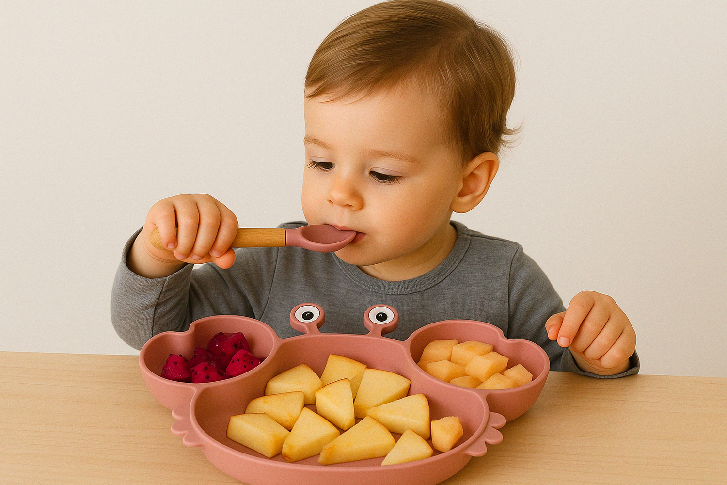 Présentation d’un enfant qui mange seul avec une assiette en forme de crabe, de couleur, rose, contenant des fruits.