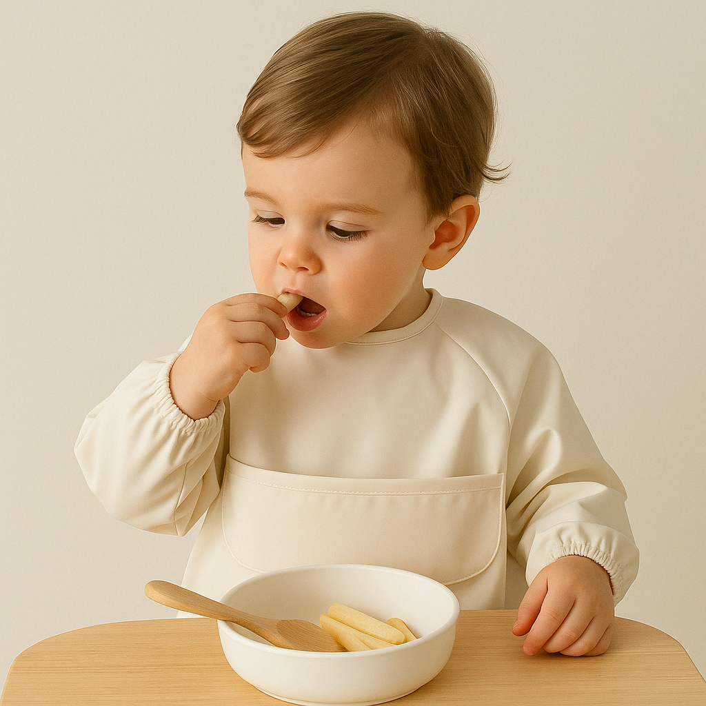 Présentation d’un enfant mange Les portes à manches qui contient une poche au cas où s’il fait tomber des aliments.