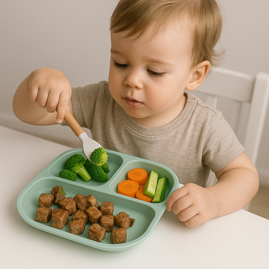 présentation d’un enfant qui mange avec une assiette qui a trois compartiments dans lequel il y a des brocolis dans un compartiment dans l’autre des carottes et dans le compartiment du milieu il y a des morceaux de viande. La société est de couleur vert turquoise. L’enfant tient une cuillère bois et silicone, couleur griseet regarde l’aliment dans le cuir qui est un brocoli. 