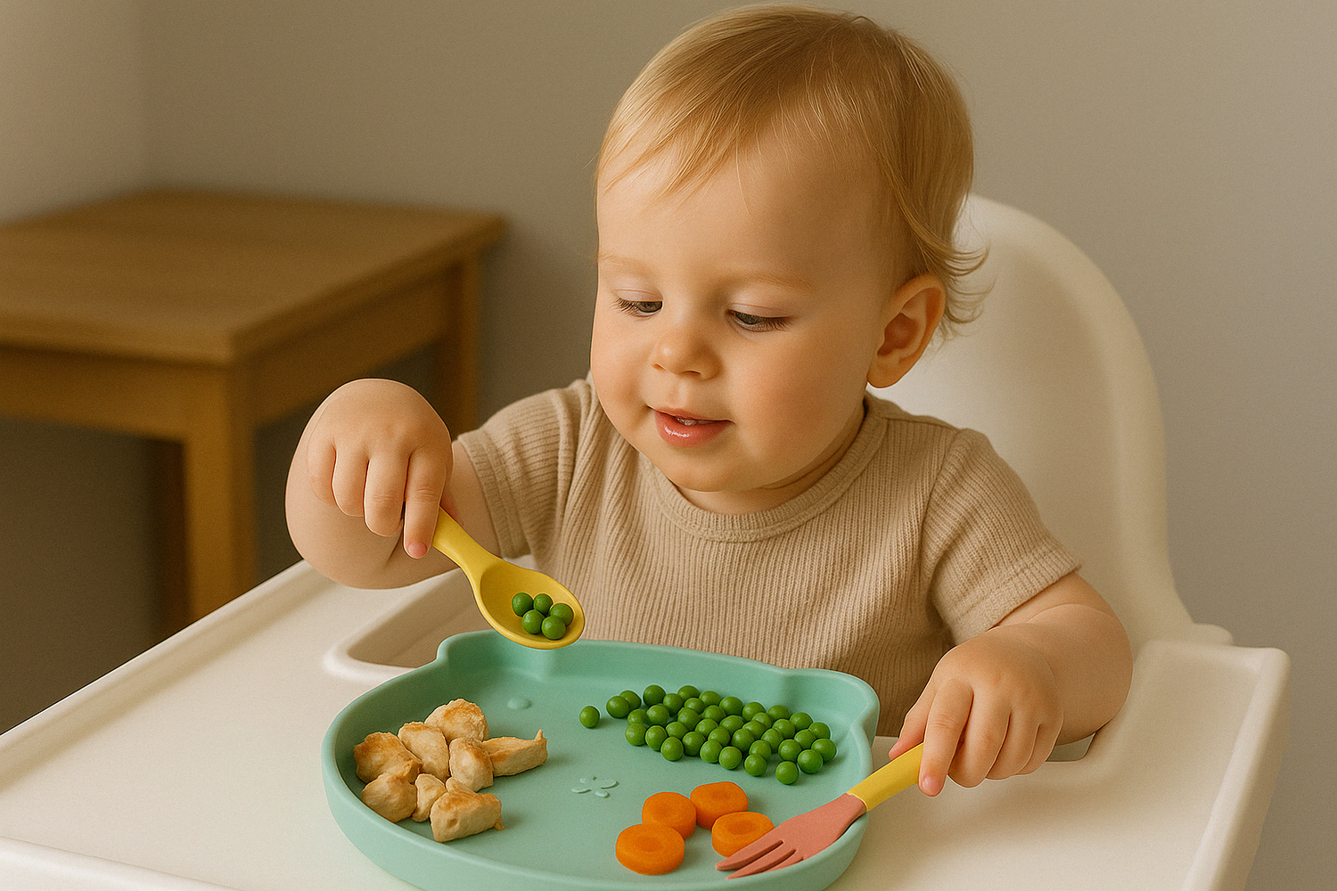 Présentation d’un enfant qui apprend a manger seule avec une assiette bleu en forme d’ours Dans lequel il comprend des morceaux de poulet de carottes, et petits pois, il tient dans sa main droite, une fourchette et dans sa main gauche une cuillère.