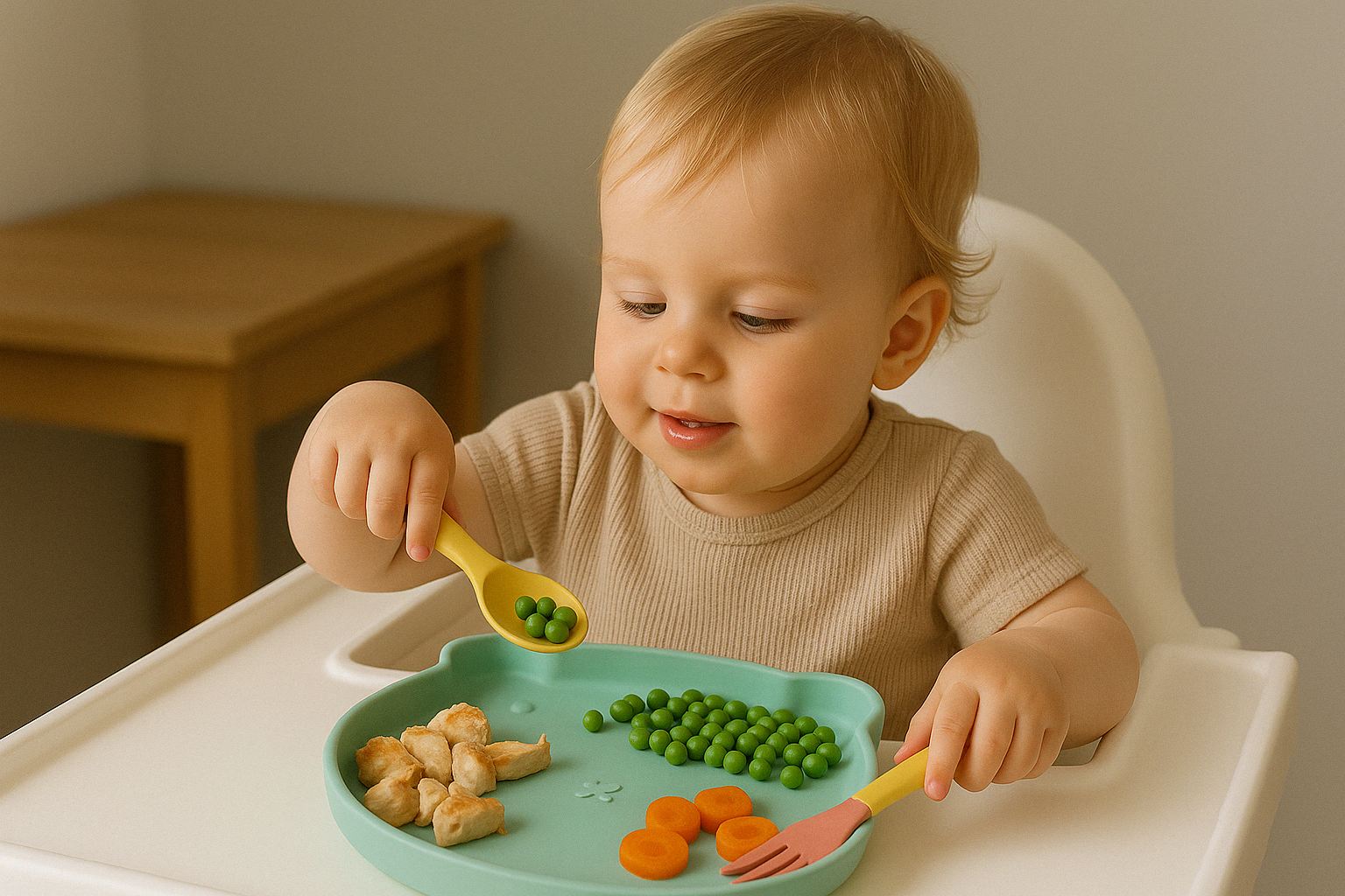 Présentation d’un enfant qui apprend a manger seule avec une assiette bleu en forme d’ours Dans lequel il comprend des morceaux de poulet de carottes, et petits pois, il tient dans sa main droite, une fourchette et dans sa main gauche une cuillère.