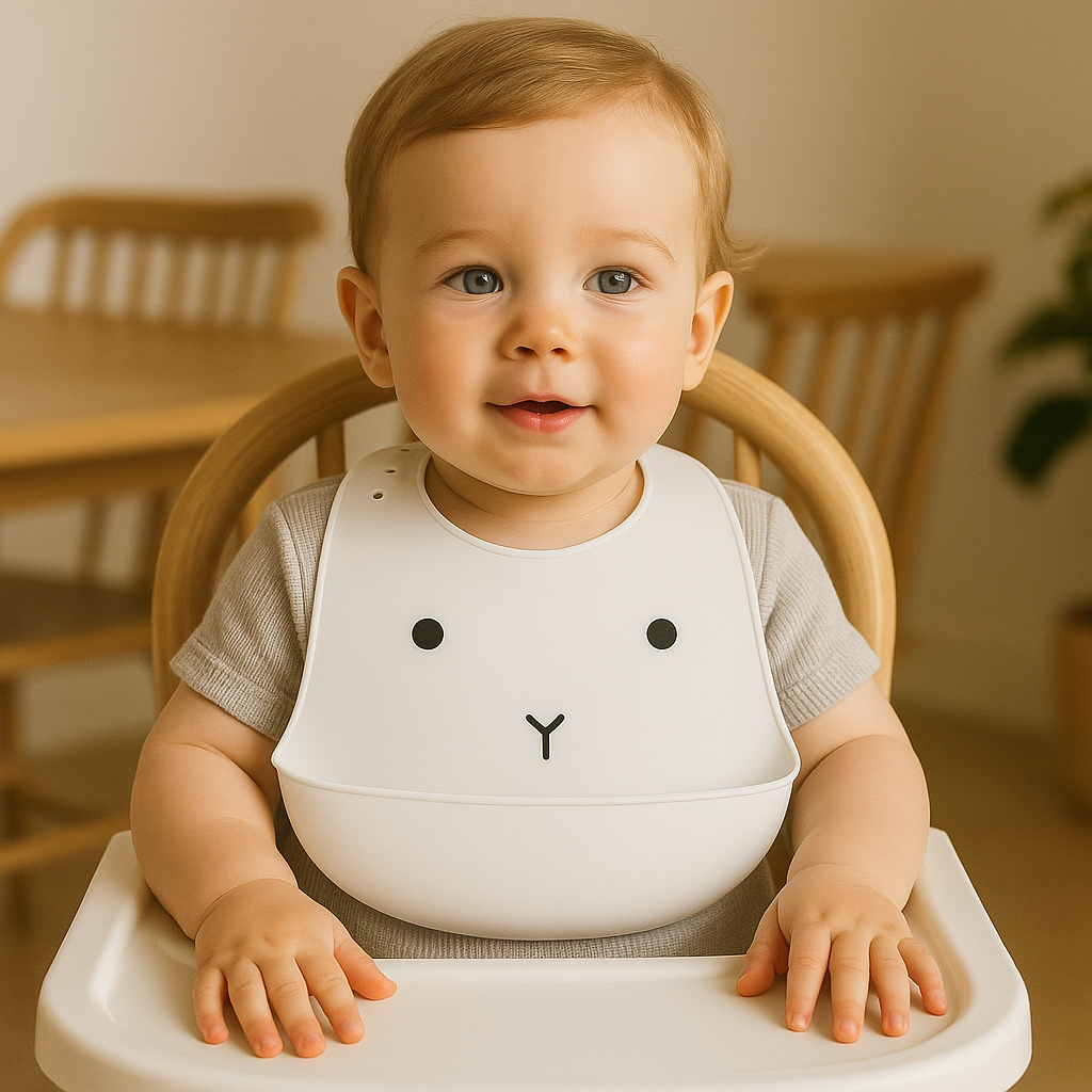 Présentation d’un enfant portant un bavoir en silicone blanc, avec un motif assis sur une chaise haute