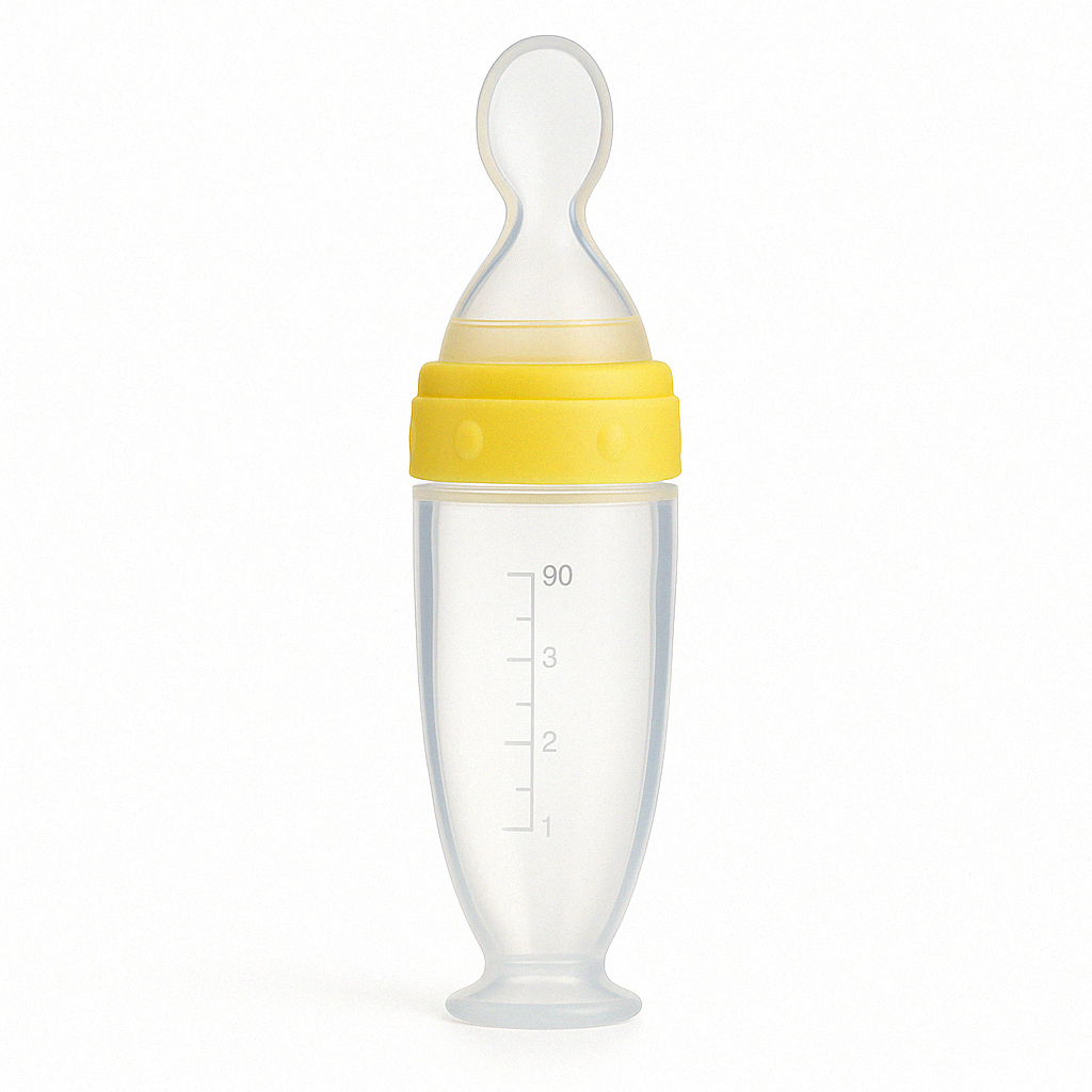 Présentation d'une cuillère doseuse pour bébé jaune.