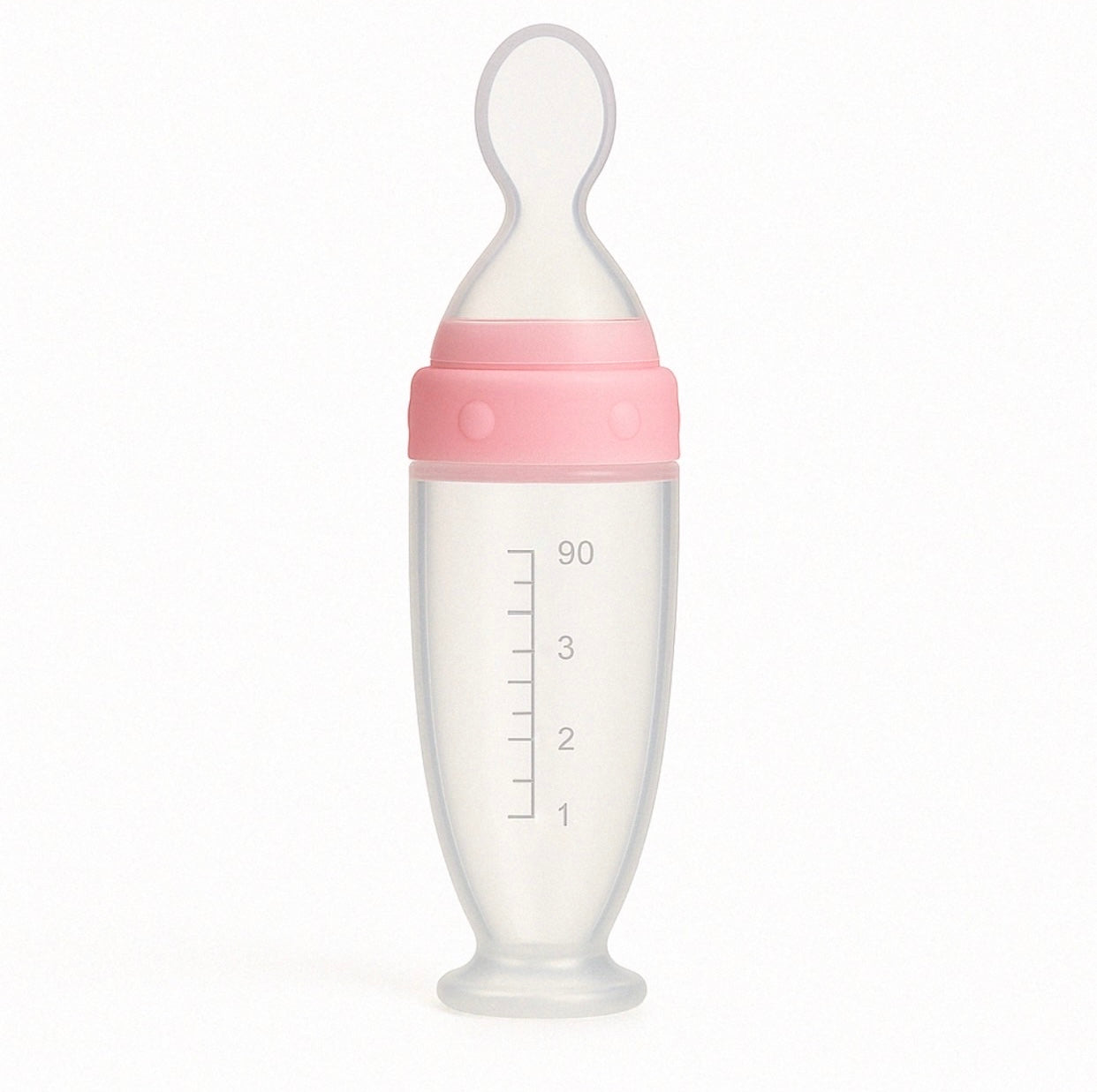 Présentation d'une cuillère doseuse pour bébé rose.