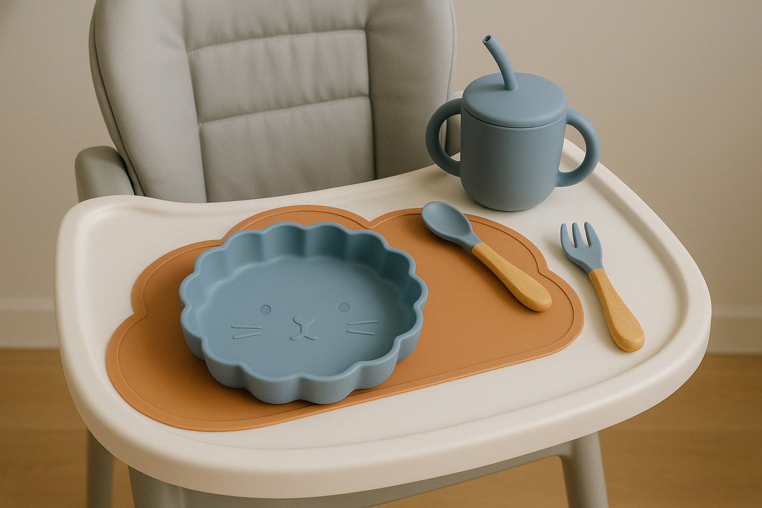Présentation d’un set repas pour enfant poser sur une table d’une chaise haute il y a une assiette bleu des couvert en bois avec un embout en silicone bleu une tasse de couleur bleu