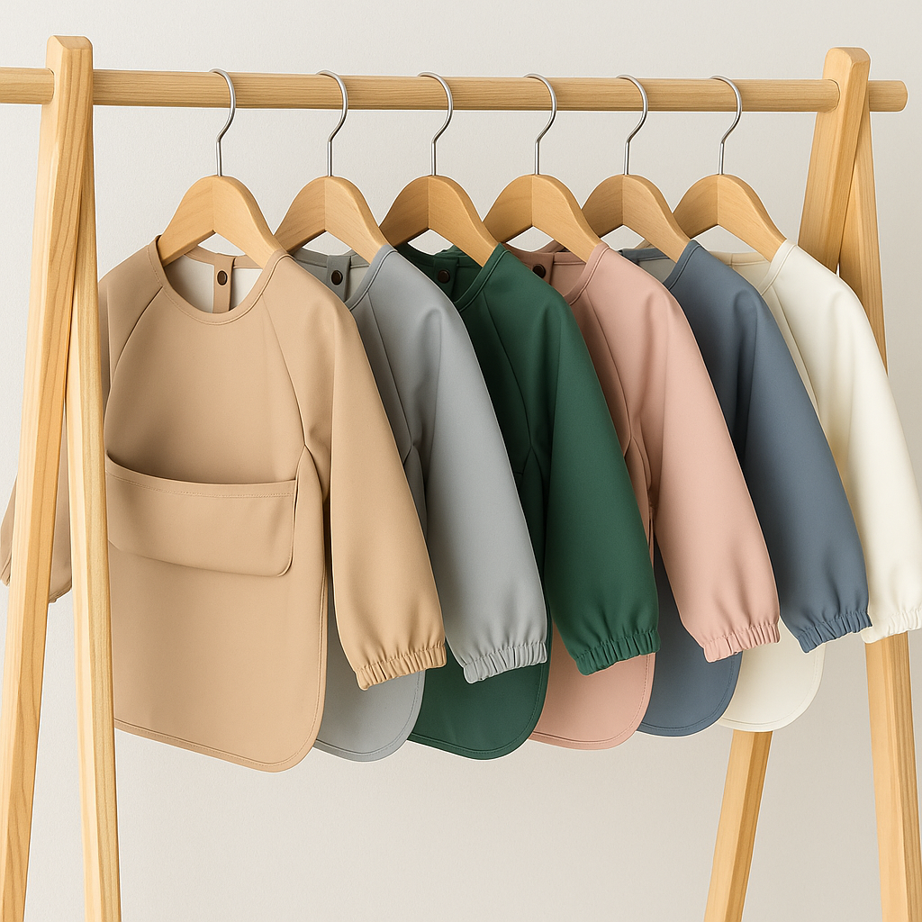 Présentation d’un portant en bois sur lequel il y a accrocher des bavoir à manche longue de couleur différente contenant une poche au milieux du bavoir.
