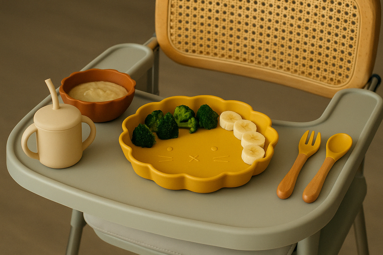 Présentation d’un set repas pour enfant poser sur une table d’une chaise haute il y a une assiette jaune des couvert en bois avec un embout en silicone jaune une tasse de couleur beige et un bol marron 