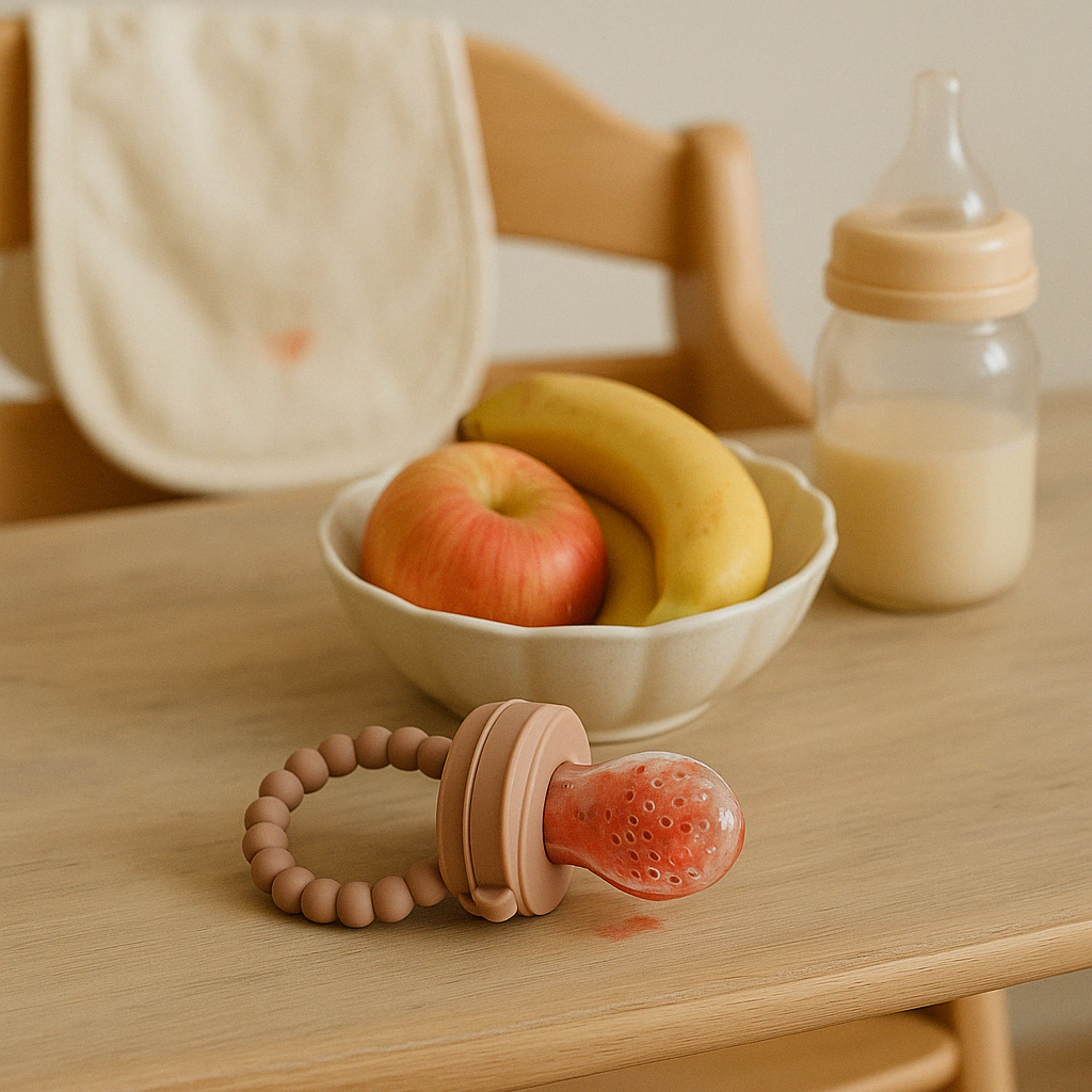 Présentation d’une tétine alimentaire de couleur rose dans lequel il contient un morceau de fruits rouges, posé sur une table en bois derrière elle, il y a un bol comprenant une pomme et deux bananes, puis un biberon rempli de lait
