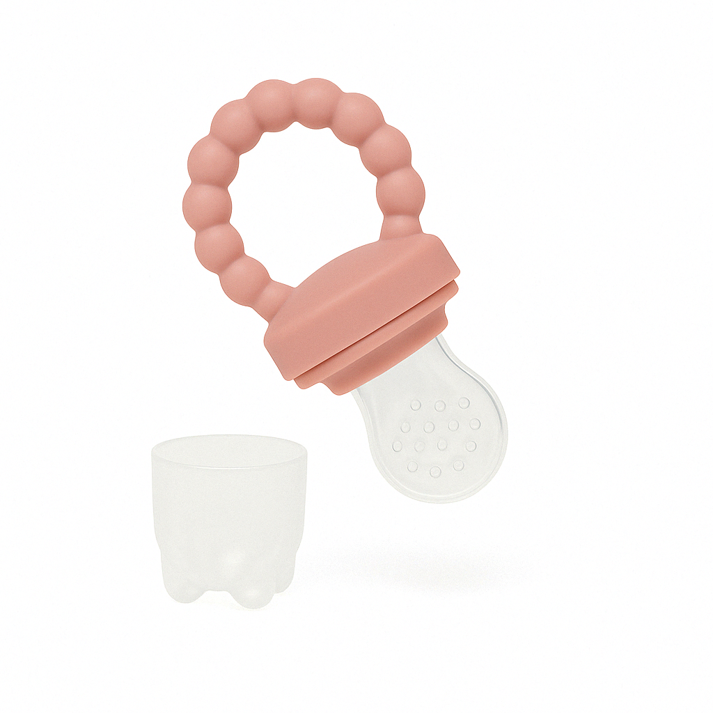 Présentation d’une tétine alimentaire de couleur rose avec son capuchon.