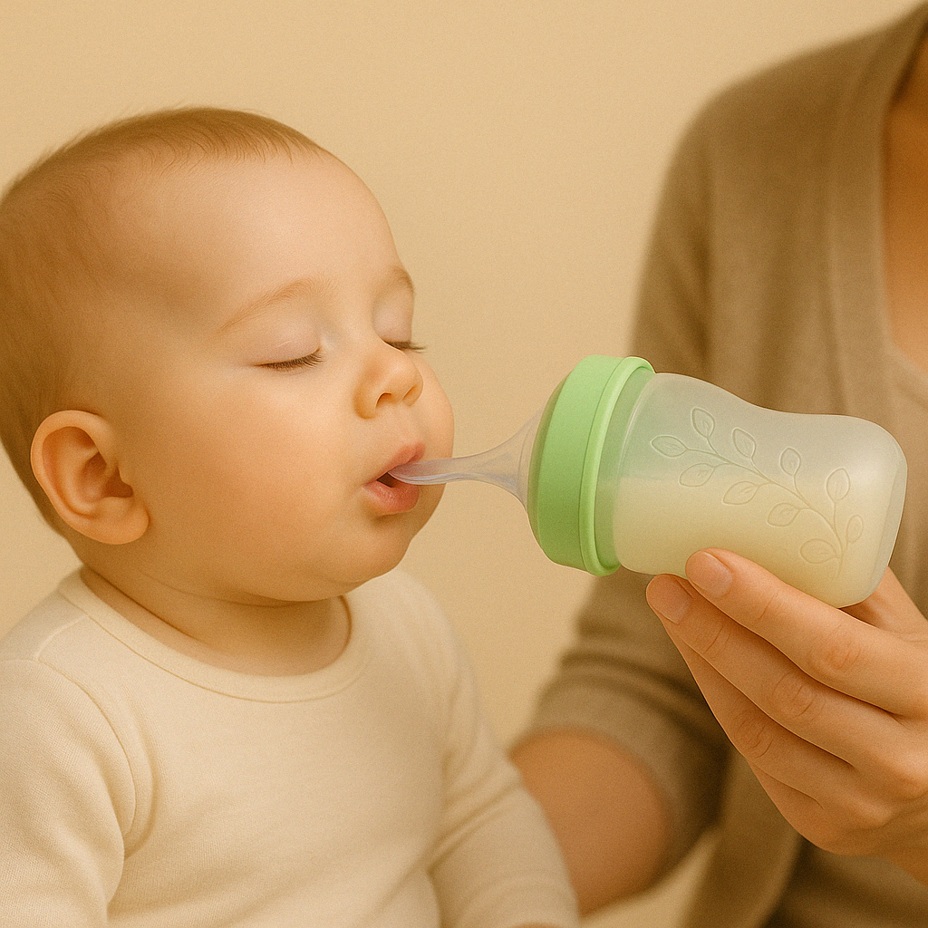 présentation d’un bébé qui mange avec un biberon cuillère qui contient du lait et qui est de couleur verte tenu par la main de sa maman.