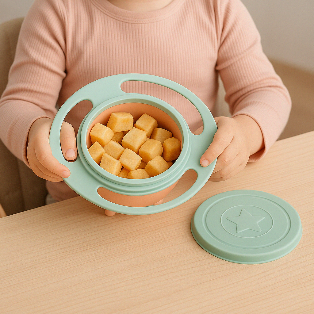 présentation d’un enfant qui tient dans ses mains, un bol à anti déversement de couleur vert et rose dans lequel à l’intérieur il y a des morceaux de pain.